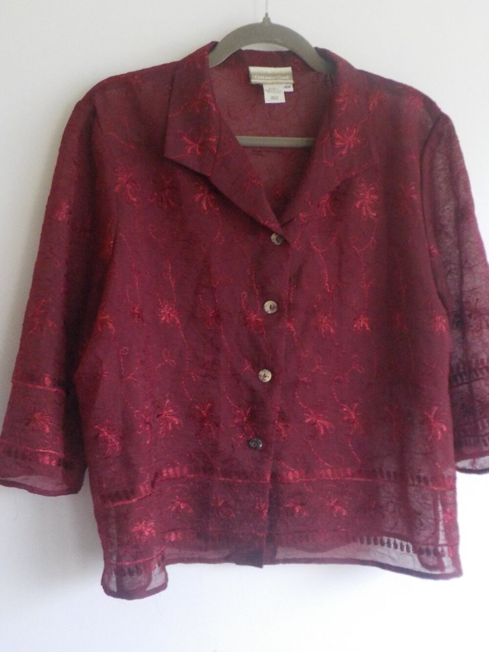 Coldwater Creek Blouse Jacket - Size 16P - Deep Red Embroidered Button (2300)